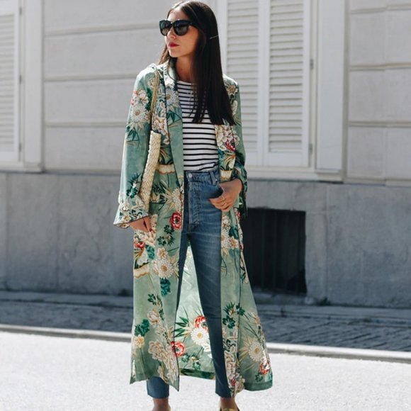 Tops - Floral Green Print Long Kimono Jacket Coat Women's